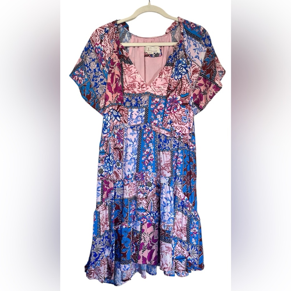Anthropologie Small Patchwork Floral Boho Dress Pink Blue Tiered